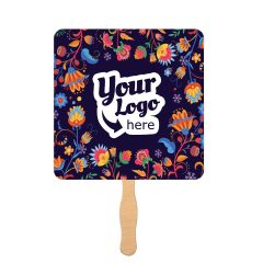 square mini fan with an imprint of a yellow background with text saying pride in rainbow colors and yoursite.org text below