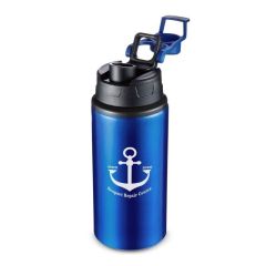 blue aluminum bottle with a black lid and an imprint saying seaport repair center