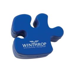 a blue puzzle piece stress reliever with an imprint saying Winthrop University Hospital