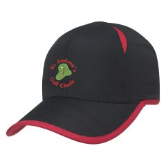black water repellent hat with red trimming and an embroidered stitching that says st. andrew's golf classic