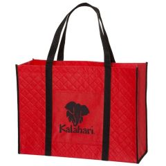 red quilted tote bag with black handles and an imprint saying Kalahari and an elephant on top