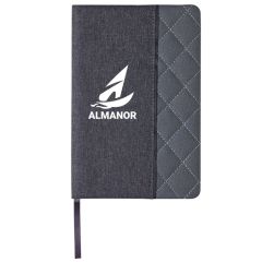 gray notebook with a quilted patterned design, matching bookmark, and an imprint saying Almanor