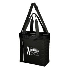 black cooler bag with adjustable strap, front pockets, carrying handles, and zippered main compartments