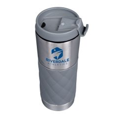 gray stainless steel tumbler with a gray plastic lid, quilted silicone grip, and an imprint saying riverdale athletics