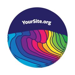 round sticker with a rainbow wave and yoursite.org text above