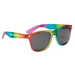 rainbow inspired sunglasses with an imprint on the left saying rainbow run 5k