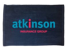 navy rally towel with red and blue imprint saying atkinson insurance group