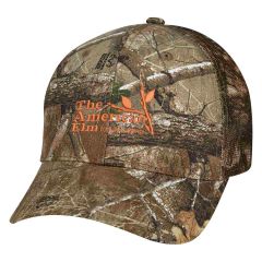 personalized camo trucker hat with embroidered stitching saying the american elm landscaping 