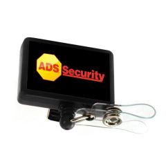 black badge holder with clip and an imprint saying ADS Security