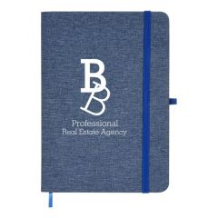 blue cotton journal with matching bookmark, pen loop, and elastic band
