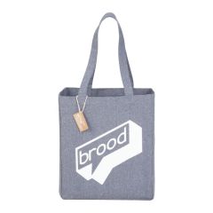 gray recycled tote bag with an imprint saying brood