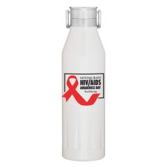 white stainless steel bottle with a red ribbon and text saying National Black HIV/AIDS Awareness Day