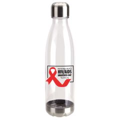 a clear plastic bottle with stainless steel base and lid with a red ribbon and text saying National Black HIV/AIDS Awareness Day