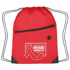 red drawstring bag with zippered compartment, earbud slot, and an imprint saying National Black HIV/AIDS Awareness Day