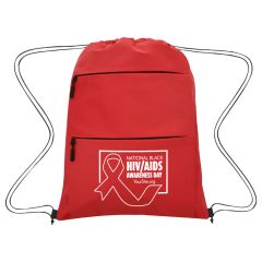 red drawstring bag with dual-zippered compartments and an imprint saying National Black HIV/AIDS Awareness Day