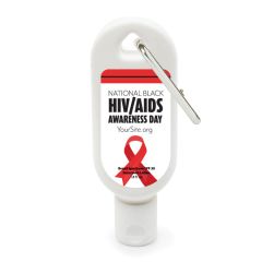 a white sunscreen bottle with a silver carabiner and text saying National Black HIV/AIDS Awareness Day