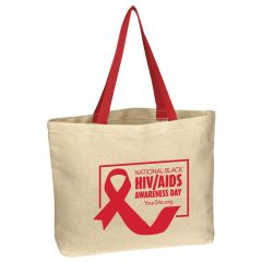a cotton canvas tote bag with red handles with a red ribbon and text saying National Black HIV/AIDS Awareness Day