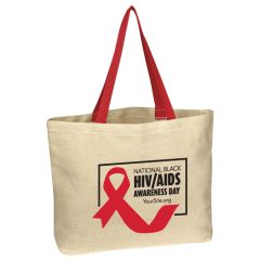a cotton canvas tote bag with red handles and a red ribbon and text saying National Black HIV/AIDS Awareness Day