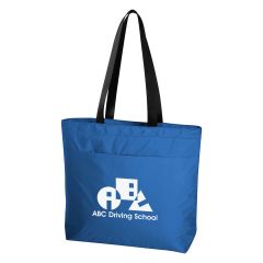 blue reflective tote bag with black handles and an imprint saying ABC Driving School