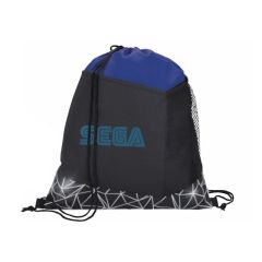 black drawstring bag with blue trim and reflective geometric patterns at the bottom with an imprint on the front saying SEGA