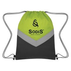 green drawstring bag with a silver reflective stripe and an imprint saying Sodi's Travel Country