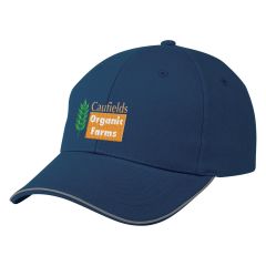 blue reflective hat with embroidered stitching saying caufields organic farms