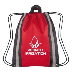 red drawstring bag with reflective strips, carrying handles, and an imprint saying vernell irrigation