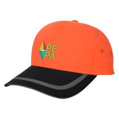 orange and black hat with reflective strip and embroidered logo saying pepa