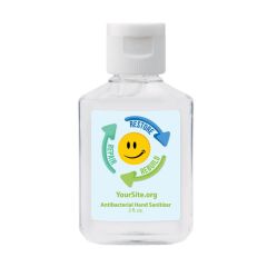 a clear hand sanitizer bottle with a white cap and an imprint of a blue background and three arrows in blue, green, and blue with text on each arrow saying restore, repair, and rebuild a smiley face inside it and text below saying yoursite.org