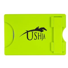 green phone wallet with phone stand an imprint saying Ushja