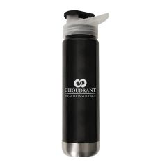 black plastic bottle with metal bottom and an imprint saying Choudrant Health Insurance