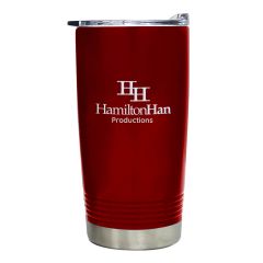 red stainless steel tumbler with a clear lid and an imprint saying hamilton han productions