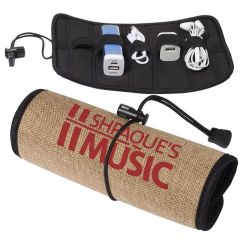 natural colored tech case with an elastic lock and an imprint saying Shpaque's Music