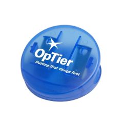 translucent blue food clip with an imprint saying optier putting first things first