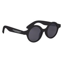 personalized black round sunglasses with imprint on the left side of sunglasses