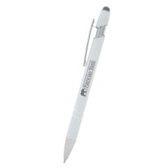 white pen with a gray stylus on top and an imprint saying Patrician Bank
