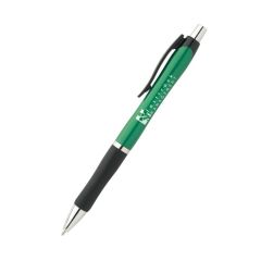 green pen with a black rubber grip, silver accents, and an imprint saying fast track management