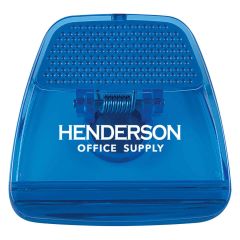 blue translucent food clip with a grip on top and an imprint saying henderson office supply