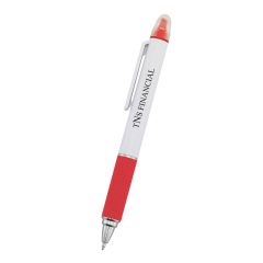 personalized red highlighter pen with clip, rubber grip, and translucent cap