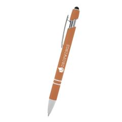 orange aluminum pen with a stylus on top and an imprint saying Dropwings