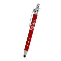 red pen with silver accents with a stylus on top and an imprint saying Tall Oaks Property Leasing
