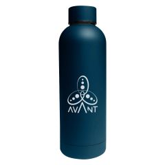 a navy stainless steel bottle with a matching lid and an imprint saying Avant
