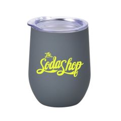 gray stemless wine mug with a clear lid and an imprint saying The Soda Shop