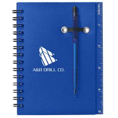 personalized blue spiral notebook with matching pen, 5" ruler, and an imprint saying a&b drill co.