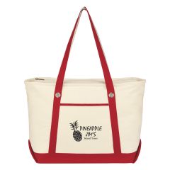 personalized cotton tote bag with carrying handles, zippered top closure, and an imprint saying pineapple jim's island tours