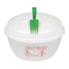 personalized white salad bowl container with green plastic fork and lid with side clips