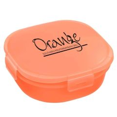 personalized orange food container with flip-down closure lid
