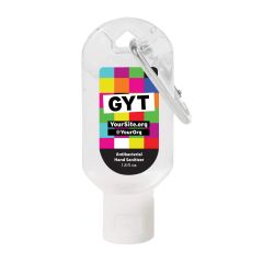 clear hand sanitizer bottle with an imprint of a background with colored squares and text saying gyt and yoursite.org and @yourorg text below