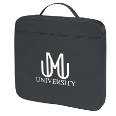 black seat cushion with front pocket and carrying handle and an imprint with an M and two j's reflected from each other with text saying university below it.