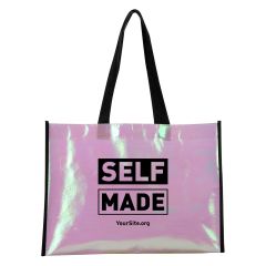 pearl tote bag with black carrying handles and edges with an imprint on the front saying self made with yoursite.org text below it
